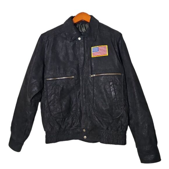 Burks Bay Black Leather Bomber Jacket with American Flag Patch Size Large - Picture 1 of 14